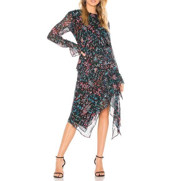 IRO Blank Dress Black Floral Print Asymmetric Chiffon Long Sleeves SZ 10 US - Picture 1 of 8